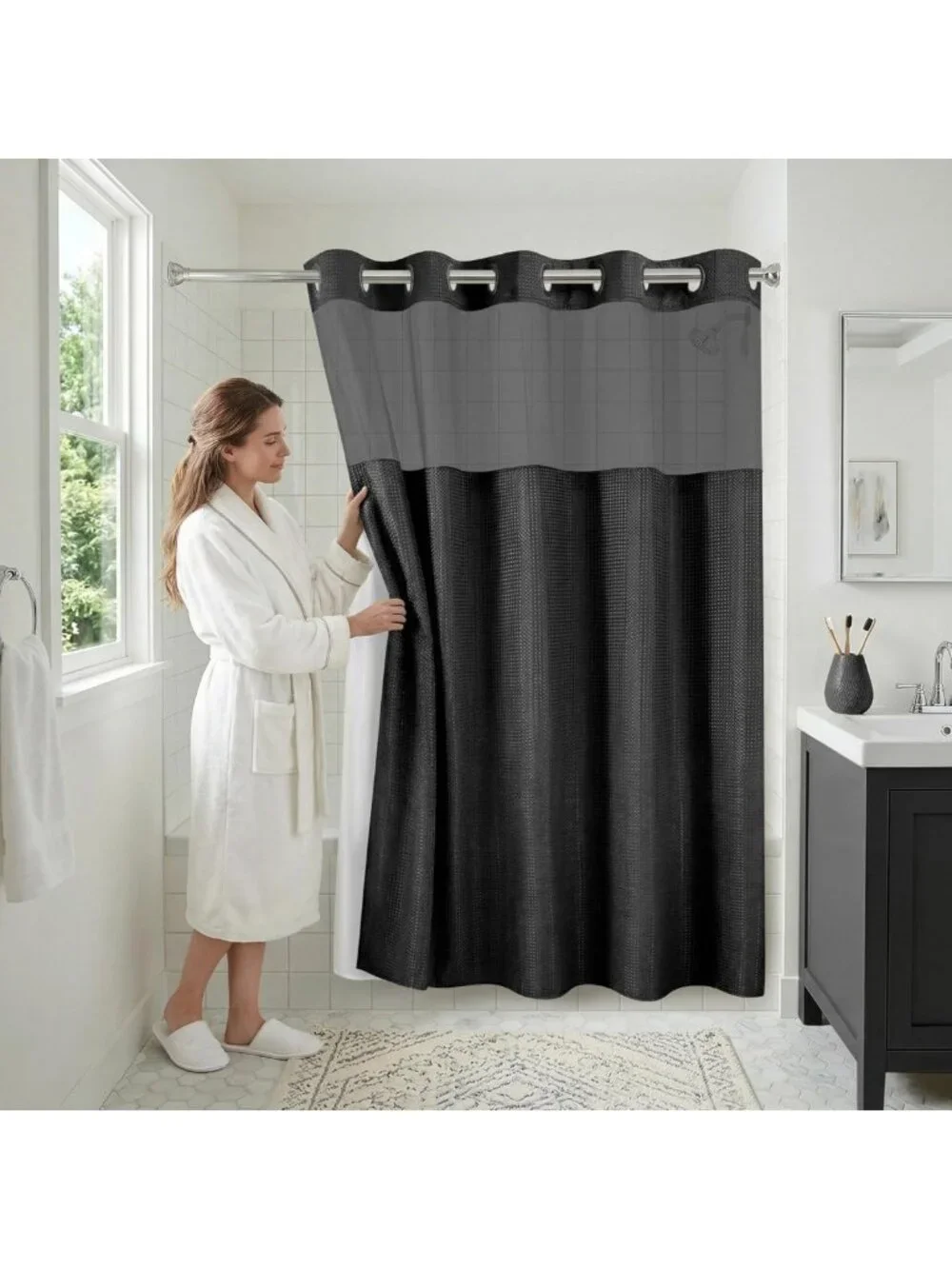 Water-Resistant 72x75 Waffle Shower Curtain with Sheer Panel & Durable Grommets